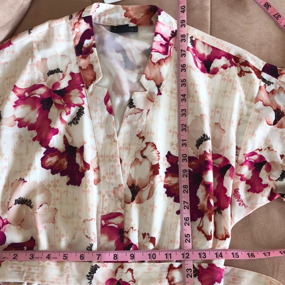 Pink Floral Print Faux Wrap Dress with Belt & Pockets, Small - Picture 6 of 6